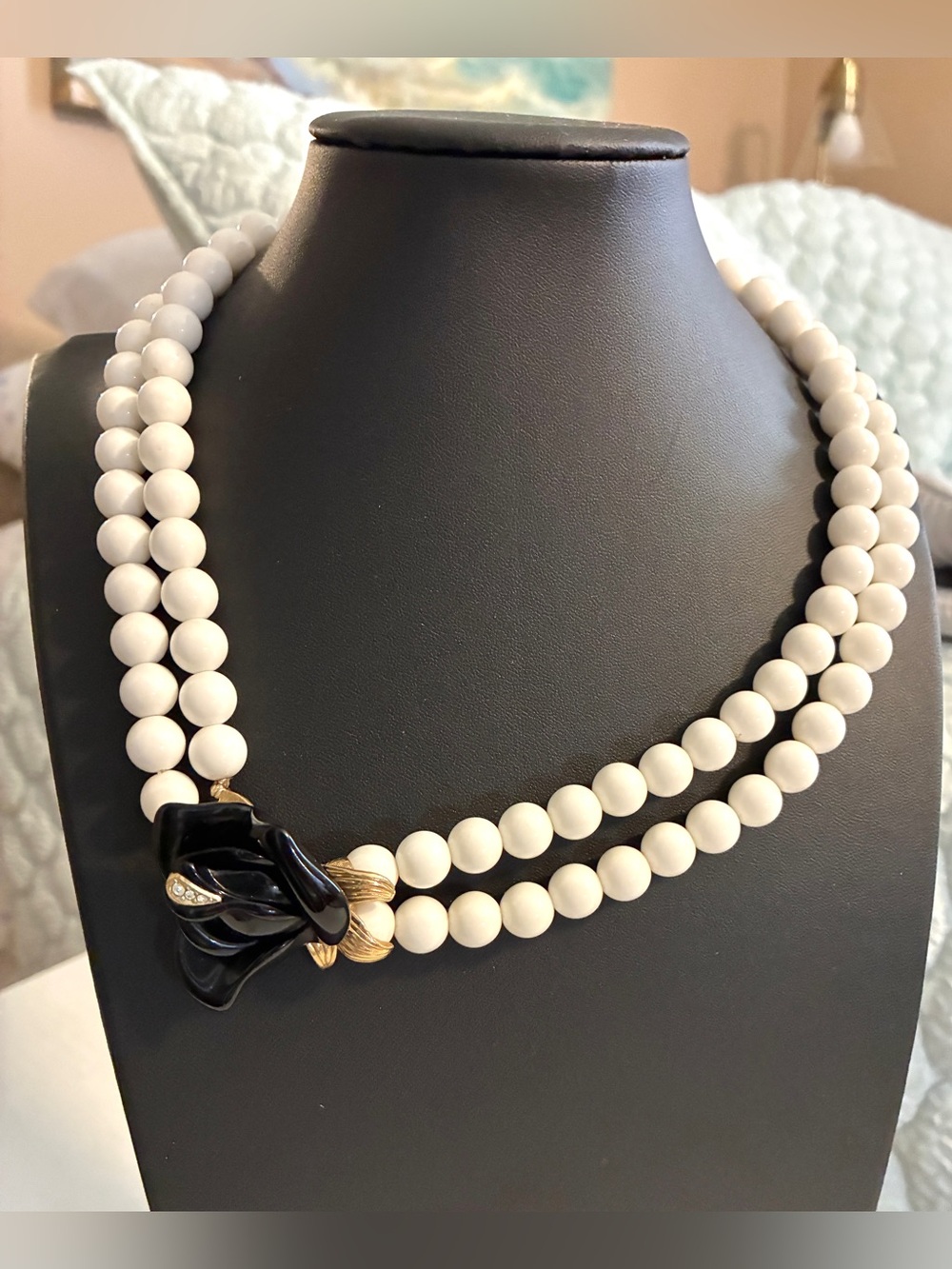 Vintage KJL Midnight Rose Elegant White Beaded Double-Strand Avon Necklace